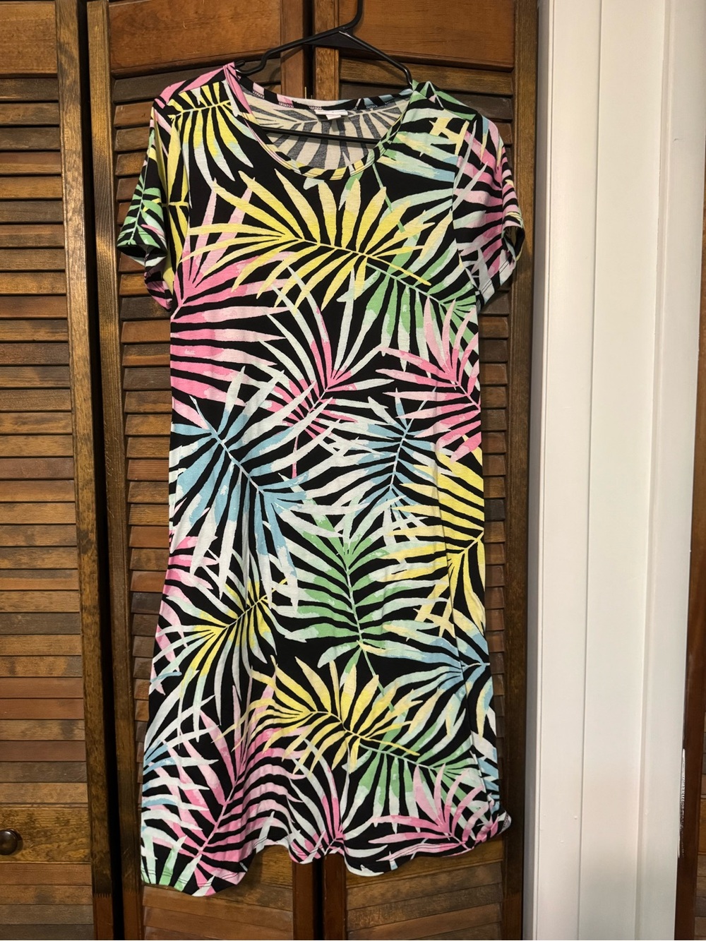 LuLaRoe Short Sleeve Mini Dress - Black with Pink, Yellow, Green, Blue Accents